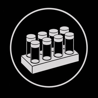 App icon: a monochrome line drawing of the vial rack, white on black