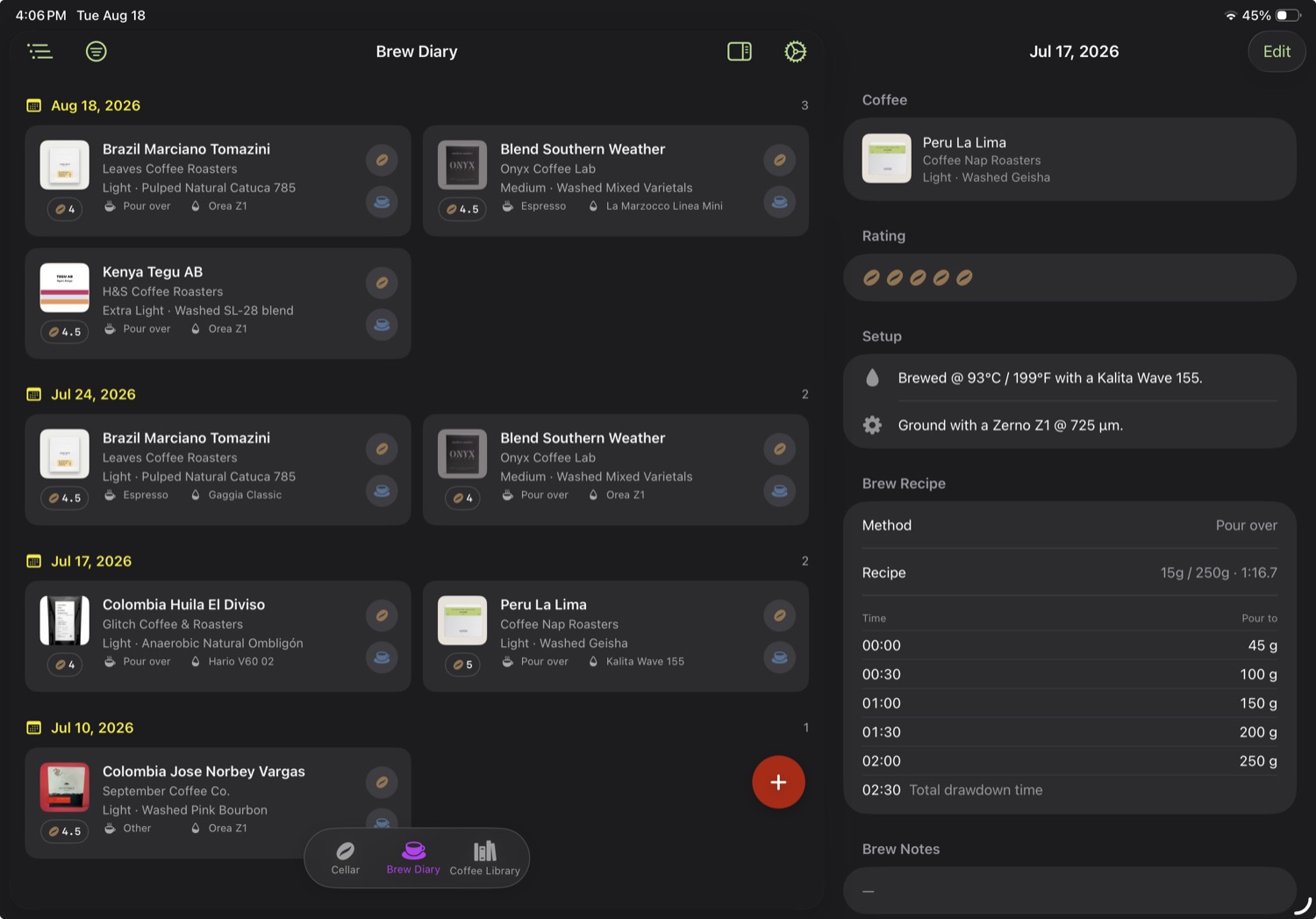 The Brew Diary on iPad in dark mode with a green accent colour applied throughout
