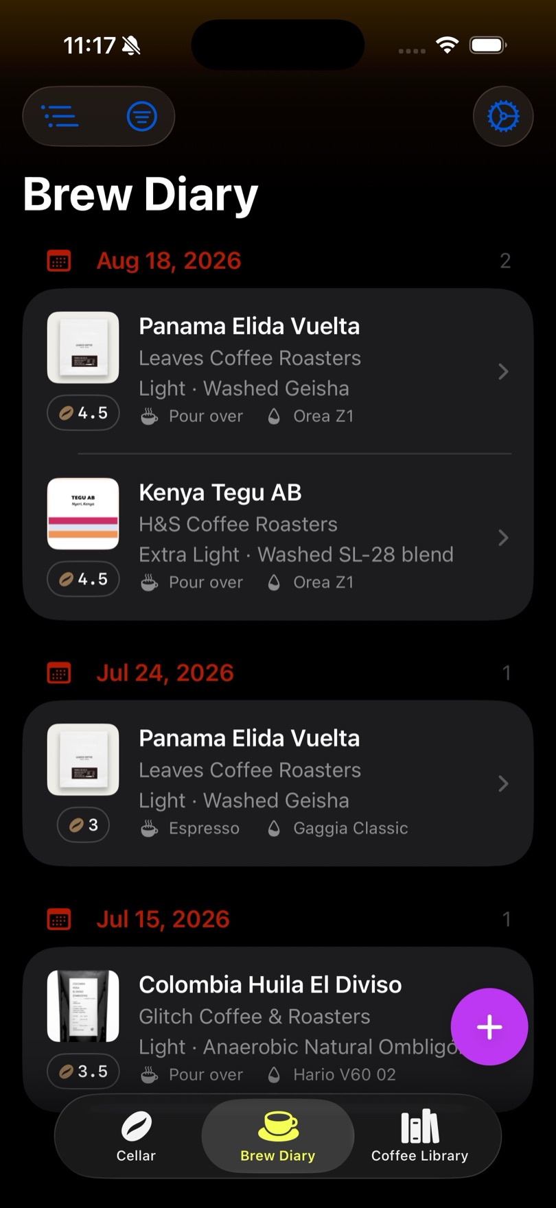 The Brew Diary on iPhone in dark mode with a purple accent colour applied throughout