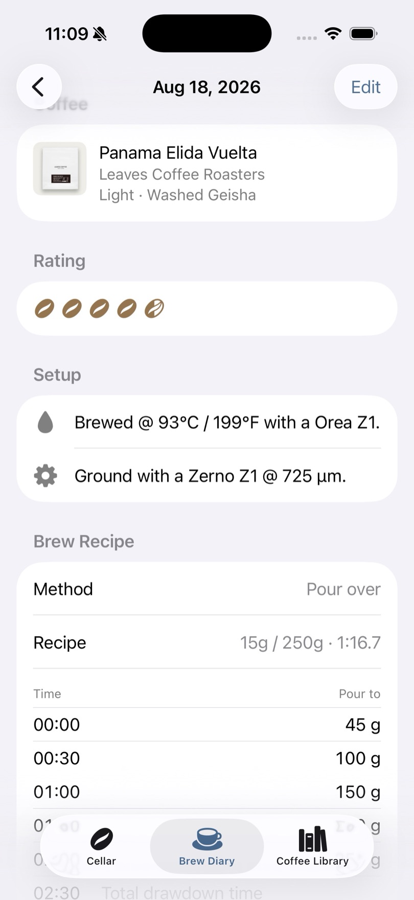 A saved brew log showing rating, grinder and brewer setup, recipe ratio, and a timed pour schedule