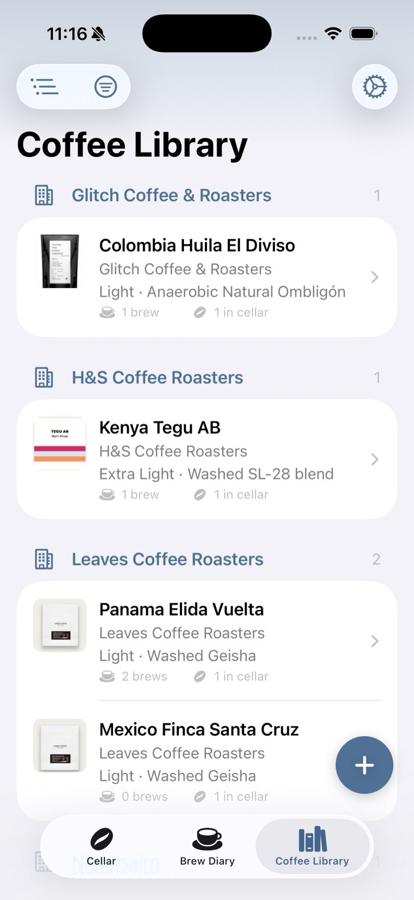 The Coffee Library screen listing every logged coffee grouped under its roaster